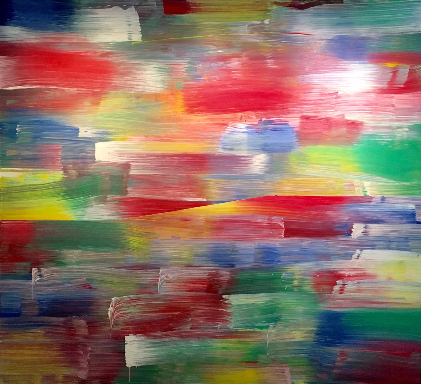Abstract painting of layered horizontal brushstrokes in red, green, blue, yellow and white